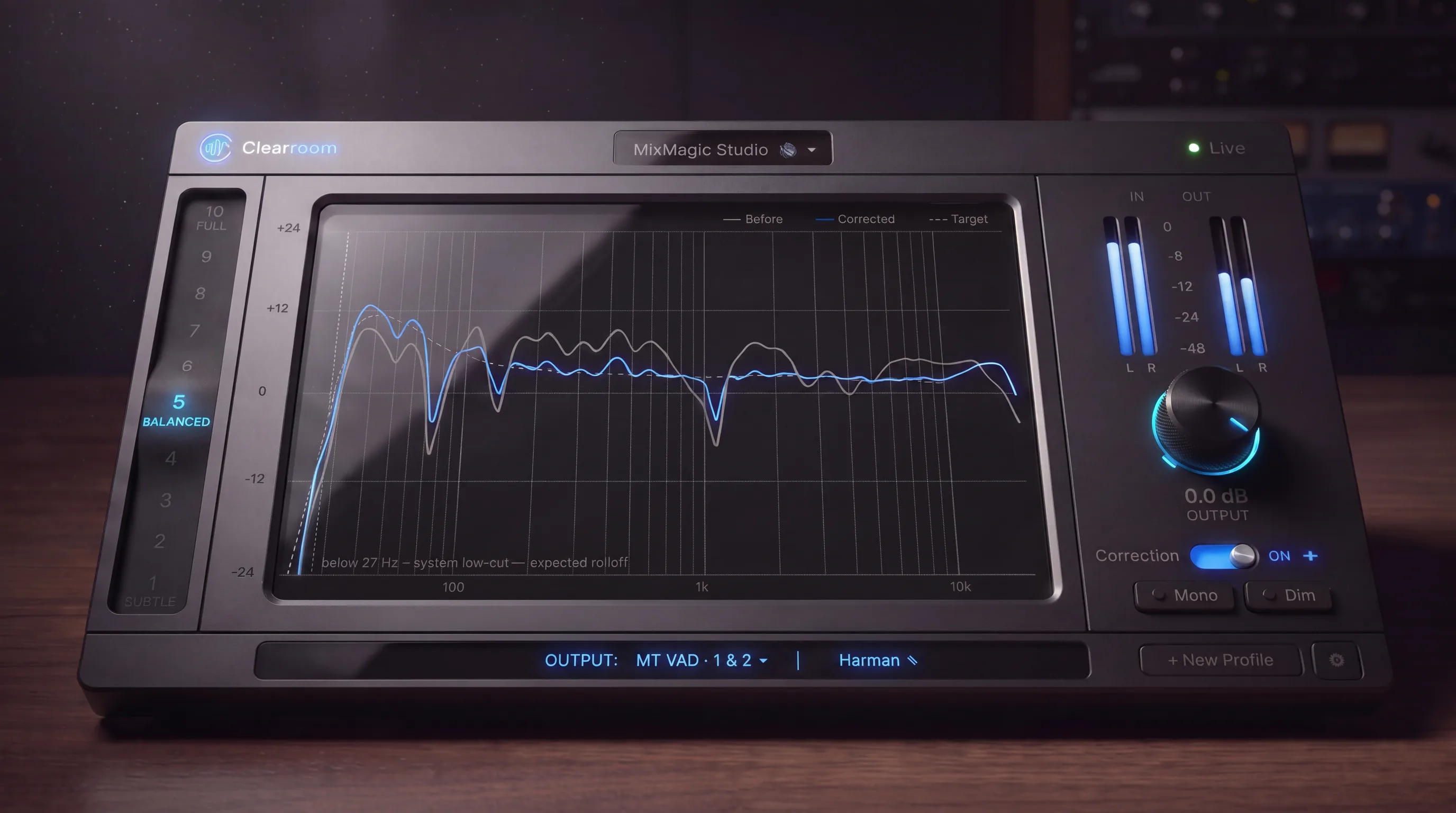 The Clearroom console. The app as a physical studio device on a desk: the measured room in grey against the corrected response in blue, intensity 5 BALANCED lit on the membrane strip, live meters, output knob with a blue halo, correction on