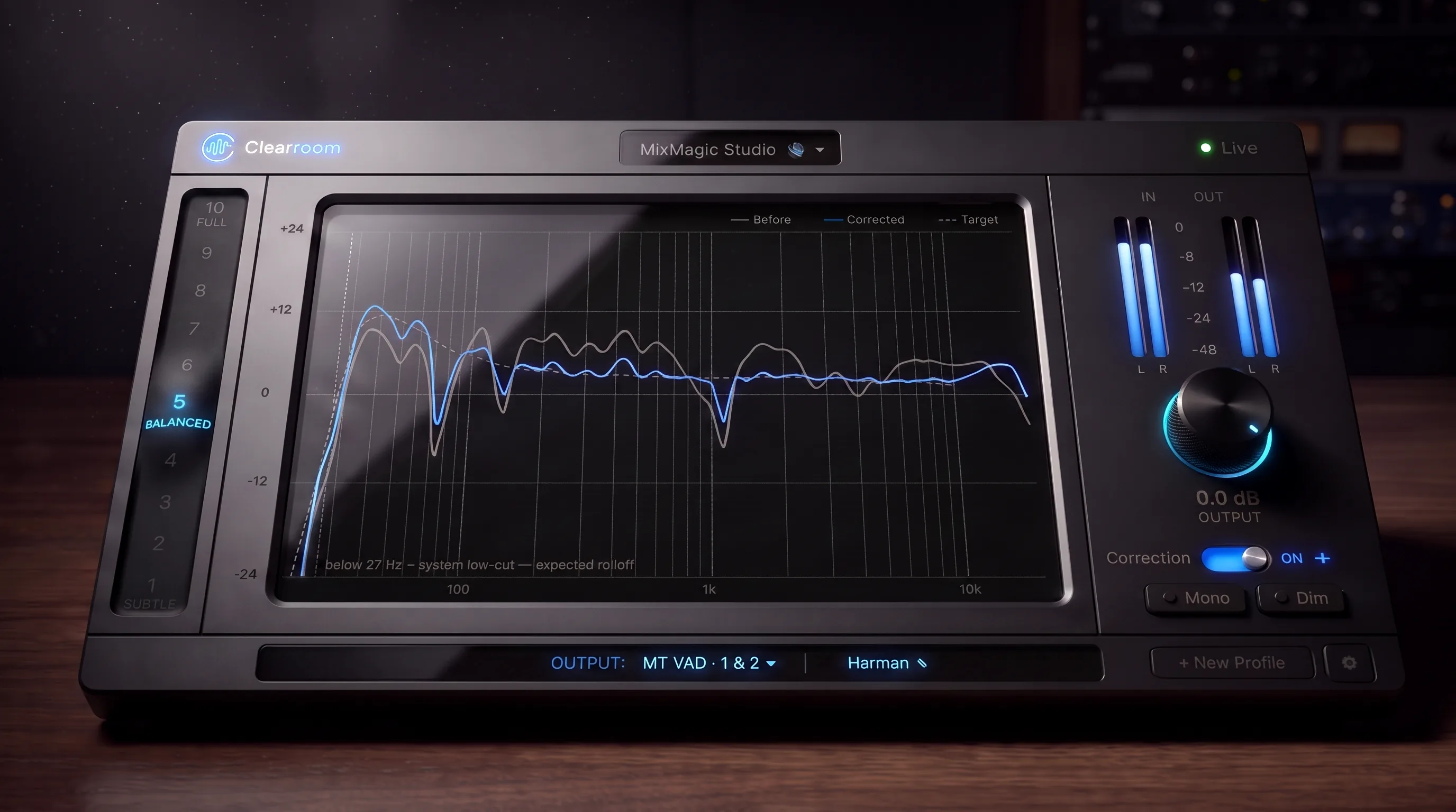 The Clearroom console. The app as a physical studio device on a desk: the measured room in grey against the corrected response in blue, intensity 5 BALANCED lit on the membrane strip, live meters, output knob with a blue halo, correction on