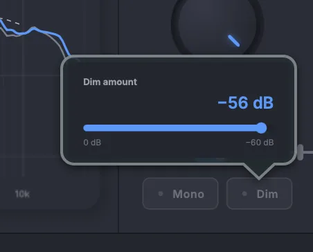 The Dim amount popover in the plugin: a slider from 0 dB to −60 dB.