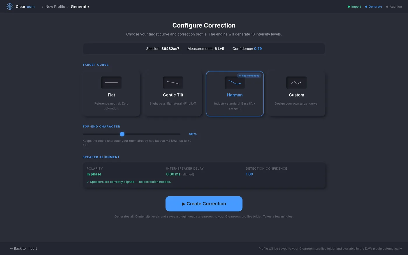 The Generate screen: the target curve cards and the Create Correction button.
