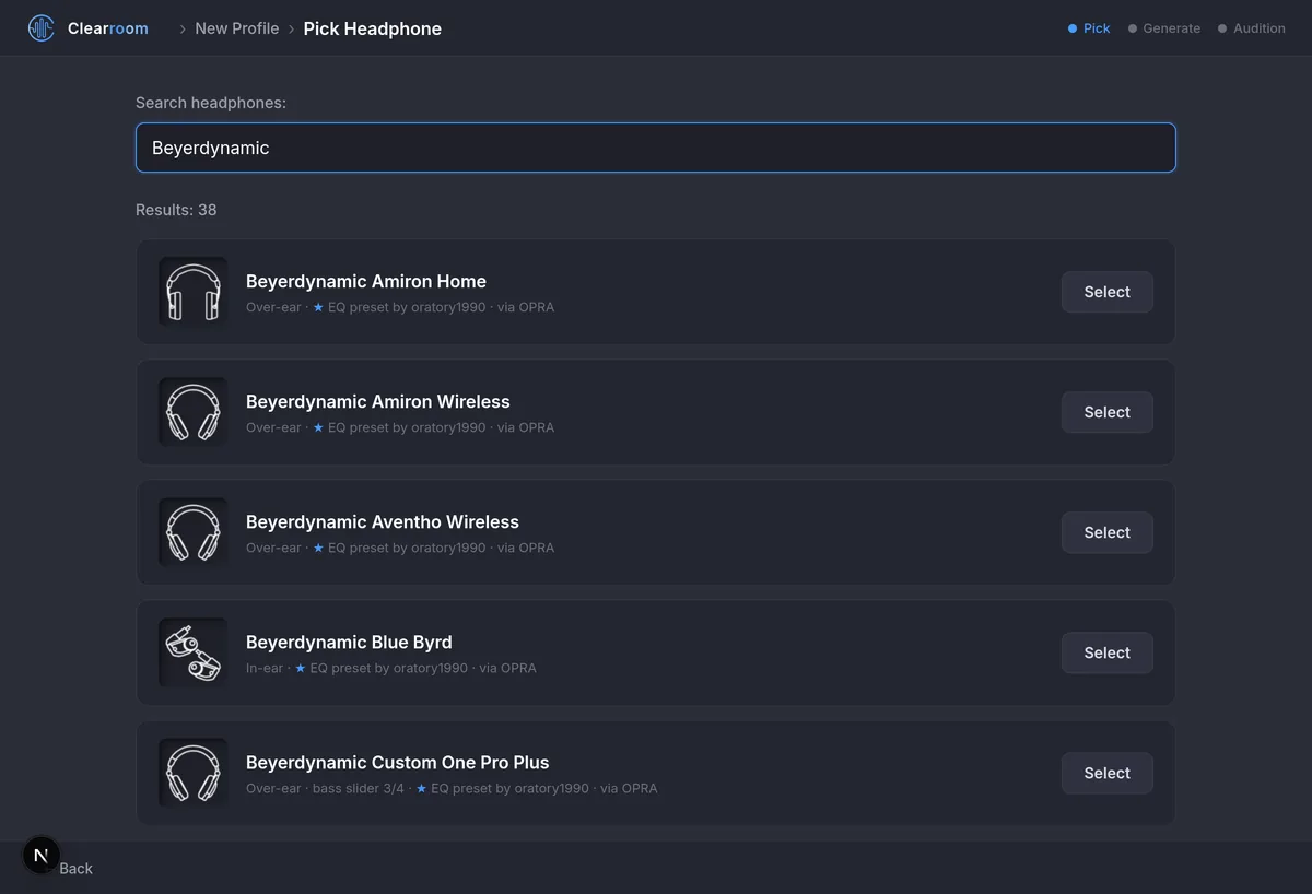 The headphone picker with a search for Beyerdynamic: rows marked ★ with a Select button on each.