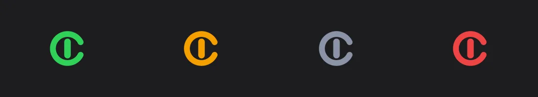 The four colours of the Clearroom menu bar icon, left to right: green, amber, grey, red.